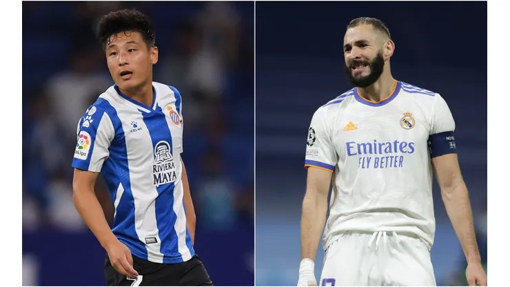 Wu Lei of Espanyol (left) and Karim Benzema of Real Madrid.