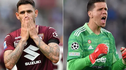 Antonio Sanabria of Torino (left) and Wojciech Szczesny of Juventus (right)
