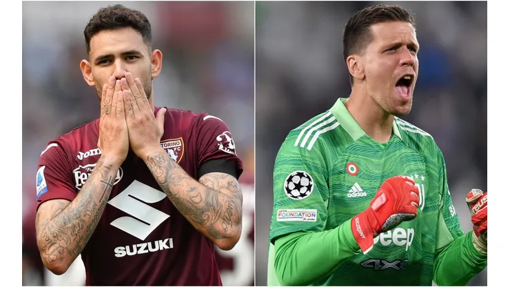 Antonio Sanabria of Torino (left) and Wojciech Szczesny of Juventus (right)