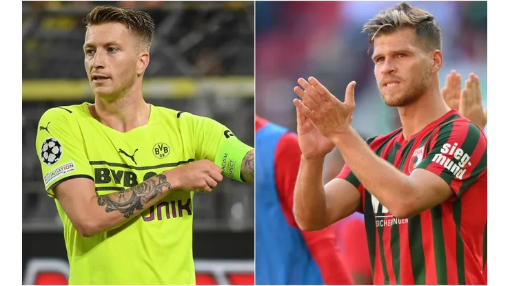 Marco Reus of Borussia Dortmund (left) and Florian Niederlechner of Augsburg (right)