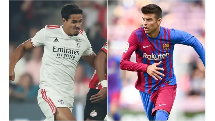 Lucas Verissimo of Benfica (left) and Gerard Piqué of Barcelona