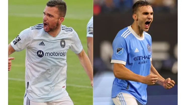 Luka Stojanovic of Chicago Fire (left) and James sands of New York FC (right)