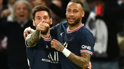 Lionel Messi and Neymar celebrating PSG's second goal against Manchester City.