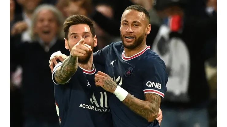 Lionel Messi and Neymar celebrating PSG's second goal against Manchester City.