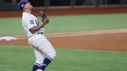 Julio Urias #7 of the Los Angeles Dodgers celebrates after defeating the Tampa Bay Rays 3-1 in Game Six to win the 2020 MLB World Series at Globe Life Field on October 27, 2020.