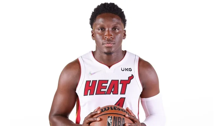 Victor Oladipo posing with the Miami Heat uniform during Media Day.