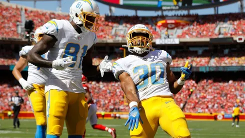 : Austin Ekeler #30 and Mike Williams #81 of the Los Angeles Chargers