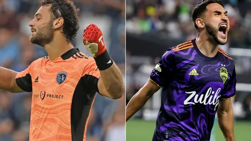Grayson Barber of Sporting Kansas City (left) and Raul Ruidiaz of Seattle Sounders (right)