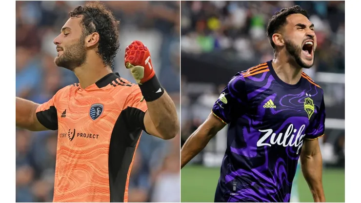 Grayson Barber of Sporting Kansas City (left) and Raul Ruidiaz of Seattle Sounders (right)