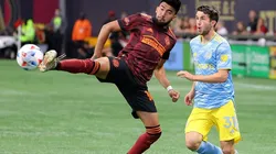Leon Flach #31 of Philadelphia Union watches as Marcelino Moreno #10 of Atlanta United knocks down a pass during the first half at Mercedes-Benz Stadium on June 20, 2021 in Atlanta, Georgia.