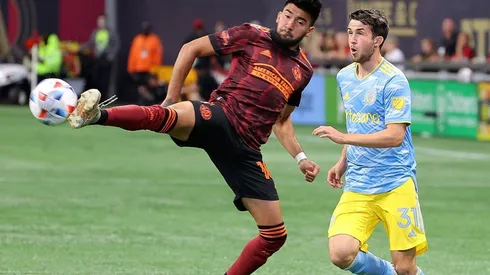 Leon Flach #31 of Philadelphia Union watches as Marcelino Moreno #10 of Atlanta United knocks down a pass during the first half at Mercedes-Benz Stadium on June 20, 2021 in Atlanta, Georgia.
