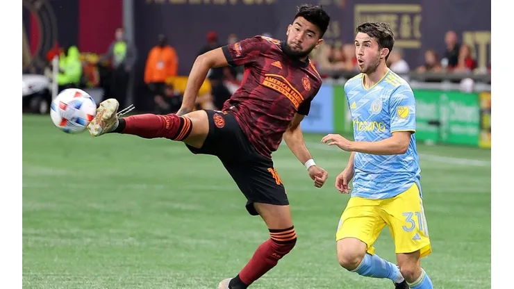 Leon Flach #31 of Philadelphia Union watches as Marcelino Moreno #10 of Atlanta United knocks down a pass during the first half at Mercedes-Benz Stadium on June 20, 2021 in Atlanta, Georgia.