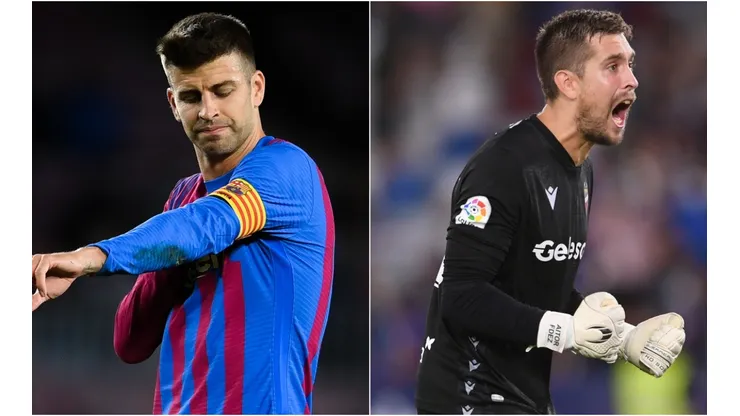 Gerard Pique of Barcelona (left) and Aitor Fernandez of Levante (right)