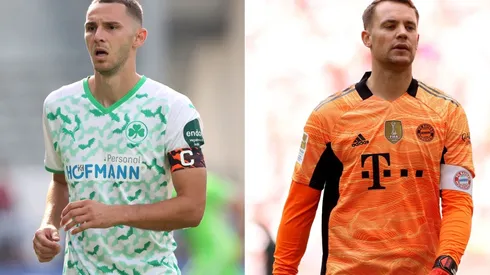 Branimir Hrgota of Fürth (left) and Manuel Neuer of Bayern (right)