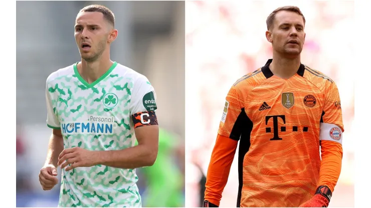 Branimir Hrgota of Fürth (left) and Manuel Neuer of Bayern (right)