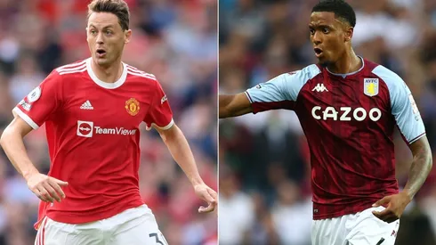 Nemanja Matic of Manchester United and Ezri Konza of Aston Villa