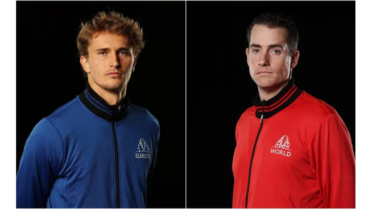 Alexander Zverev of Team Europe (left) and John Isner of Team World.