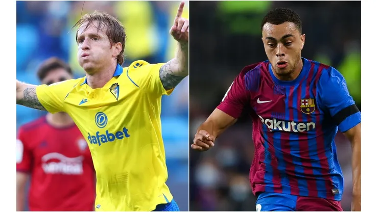 Alex Fernandez of Cadiz (left) and Sergiño Dest of Barcelona (right)