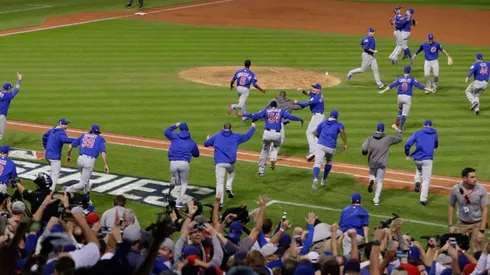 The Chicago Cubs celebrate after defeating the Cleveland Indians 8-7 in Game Seven of the 2016 World Series at Progressive Field on November 2, 2016 in Cleveland, Ohio. The Cubs win their first World Series in 108 years.
