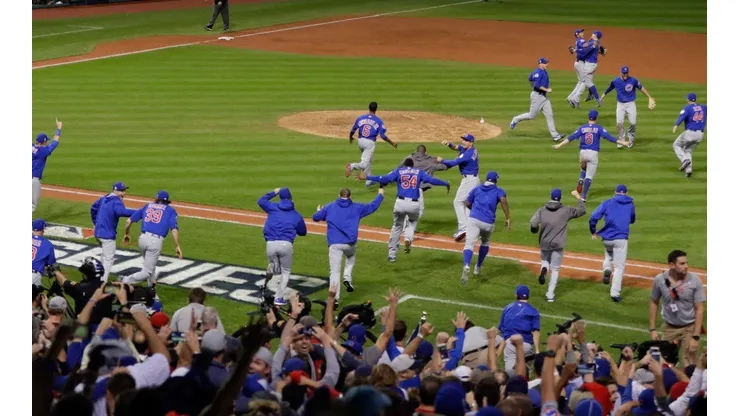 The Chicago Cubs celebrate after defeating the Cleveland Indians 8-7 in Game Seven of the 2016 World Series at Progressive Field on November 2, 2016 in Cleveland, Ohio. The Cubs win their first World Series in 108 years.
