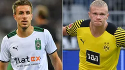 Patrick Hermann of Borussia Mönchengladbach (left) and Erling Haaland of Borussia Dortmund (right)