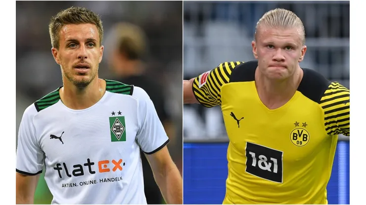 Patrick Hermann of Borussia Mönchengladbach (left) and Erling Haaland of Borussia Dortmund (right)