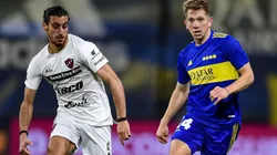 Esteban Rolon of Boca Juniors against Sebastian Sosa Sanchez of Patronato.