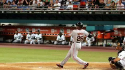 Barry Bonds #25 of the San Francisco Giants watches his two run home run, his 760th of his career against pitcher Rick VandenHurk of the Florida Marlins in 2007.