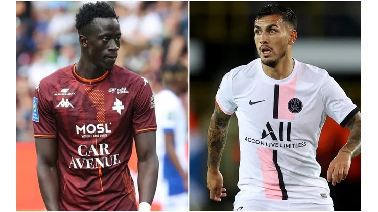 Ibrahima Niane of Metz (left) and Leandro Paredes of PSG (right)