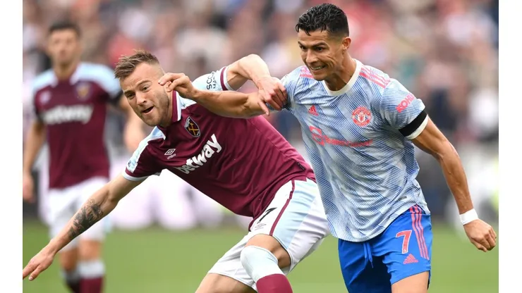 Cristiano Ronaldo of Manchester United (right) is challenged by Andriy Yarmolenko of West Ham (left)