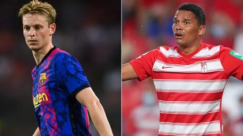 Frenkie de Jong of Barcelona (left) and Carlos Bacca of Granada.
