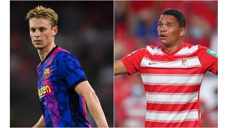Frenkie de Jong of Barcelona (left) and Carlos Bacca of Granada.