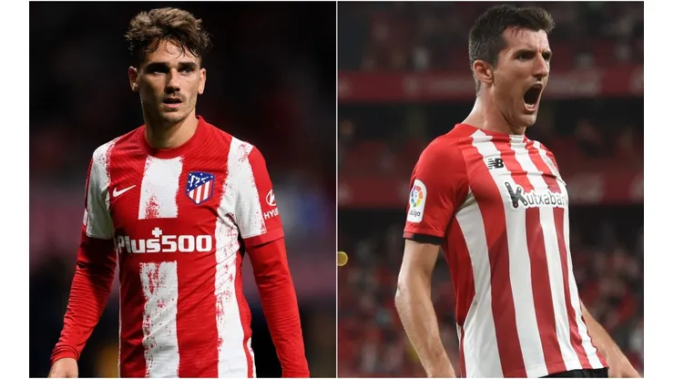 Antoine Griezmann of Atletico Madrid (left) and Dani Vivian of Athletic Club (right)
