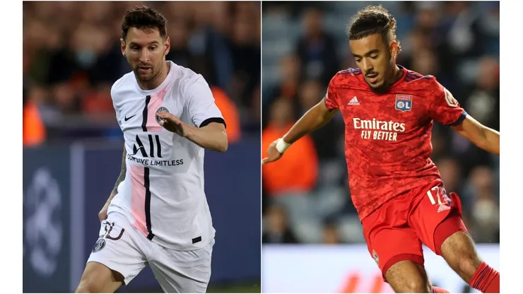 Lionel Messi of PSG (left) and Malo Gusto of Lyon