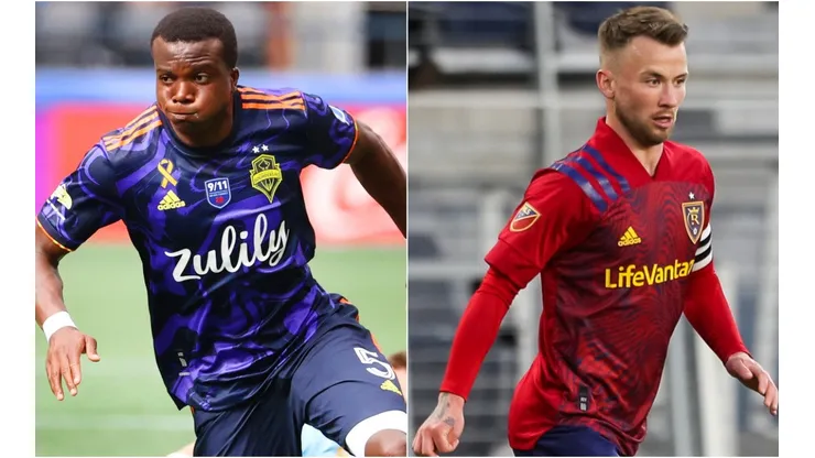 Nouhou of Seattle Sounders (left) and Albert Rusnak of Real Salt Lake (right)