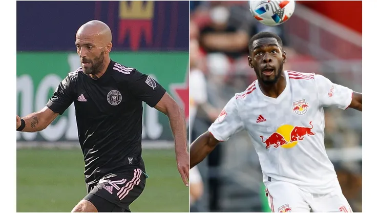 Federico Higuain of Inter Miami (left) and Dru Yearwood of New York Red Bulls.