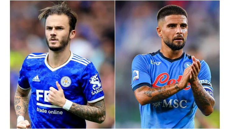 James Maddison of Leicester (left) and Lorenzo Insigne of Napoli (right). (Getty)
