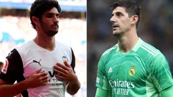 Goncalo Guedes of Valencia (left) and Thibaut Courtois of Real Madrid (right)