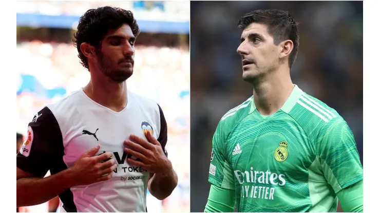 Goncalo Guedes of Valencia (left) and Thibaut Courtois of Real Madrid (right)