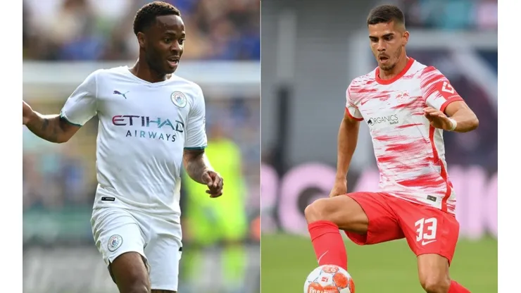 Sterling of Manchester City (left) and Andre Silva of RB Leipzig (right) (Getty)