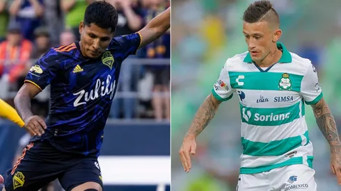 Raul Ruidiaz of Seattle Sounders (left) and Brian Lozano of Santos Laguna (Getty).