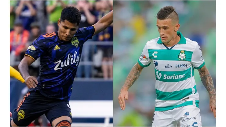 Raul Ruidiaz of Seattle Sounders (left) and Brian Lozano of Santos Laguna (Getty).