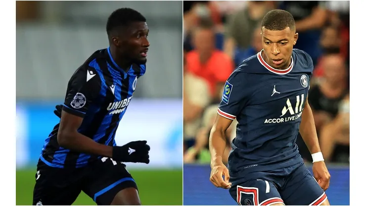 Clinton Mata of Club Brugge (left) and Kylian Mbappé of PSG (Getty).