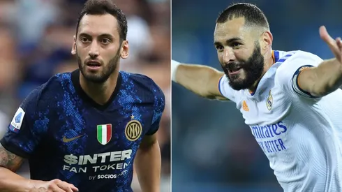 Hakan Calhanoglu of Inter Milan (left) and Karim Benzema of Real Madrid. (Getty)