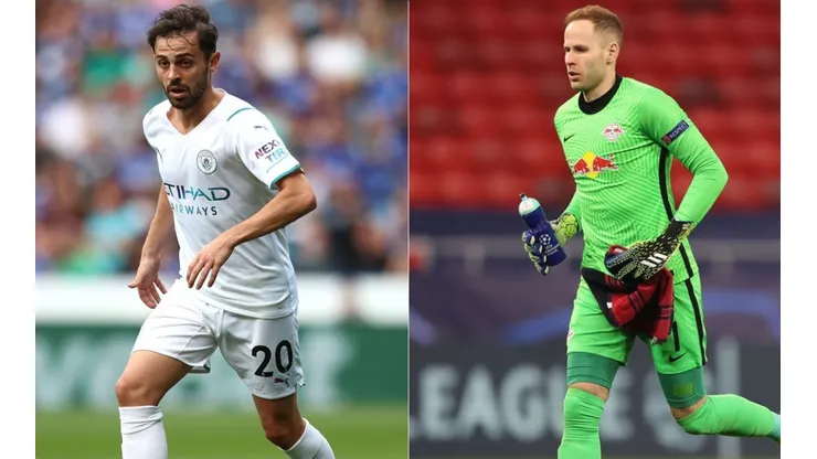Joao Cancelo of Manchester City (left) and Peter Gulacsi of RB Leipzig (right) (Getty)