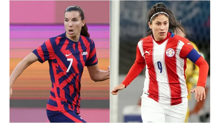 Tobin Heath of USWNT (left) and Gloria Villamayor of Paraguay (Getty).