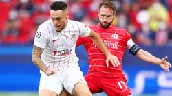 Lucas Ocampos of Sevilla against Andreas Ulmer of RB Salzburg. (Getty)