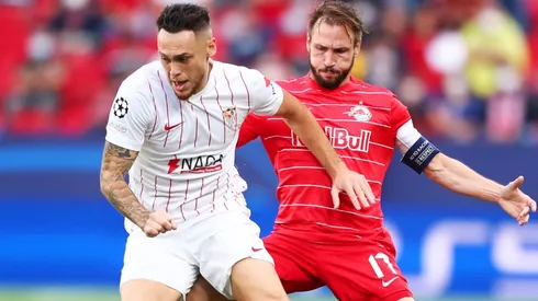 Lucas Ocampos of Sevilla against Andreas Ulmer of RB Salzburg. (Getty)