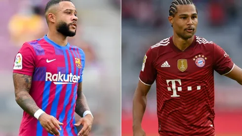 Memphis of Barcelona (left) and Serge Gnabry of Bayern Munich (Getty).