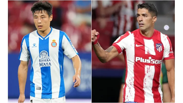 Wu Lei of Espanyol (left) and Luis Suarez of Atletico Madrid (right). (Getty)